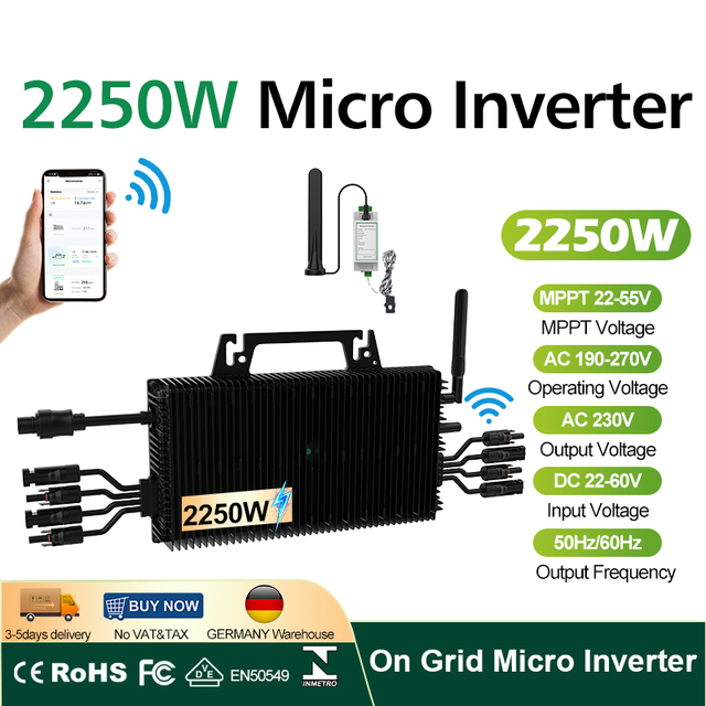 EU Warehouse 2250W Zero Export Solar Microinverter Quad Input Grid Tie Power Limiter Heavy Duty IP67 Standard PV Connector Duty Free