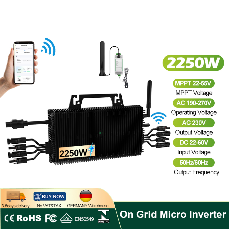 EU Warehouse 2250W Zero Export Solar Microinverter Quad Input Grid Tie Power Limiter Heavy Duty IP67 Standard PV Connector Duty Free