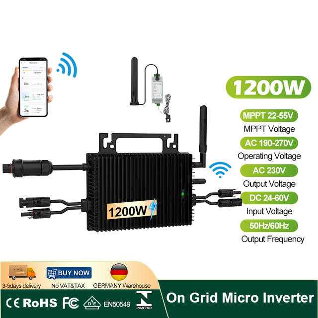 EU Stock 1200W Anti Reflux Micro Inverter Dual MPPT Grid Tie Limiter Export Control WiFi IP67 Standard PV Connector 3 Days Dispatch